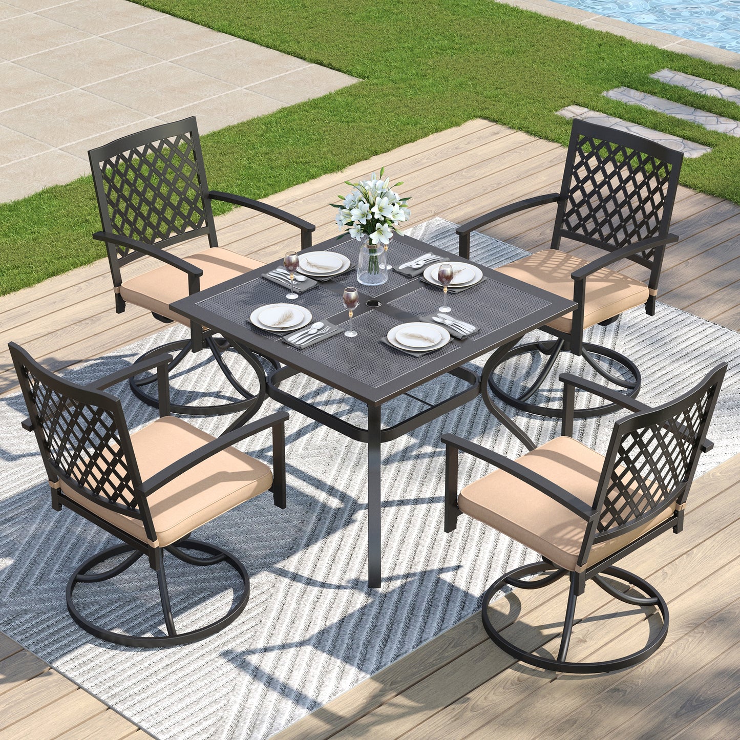 Captiva Designs 5pc Outdoor Patio Dining Set with Mesh Top Square Steel Table and Metal Chairs