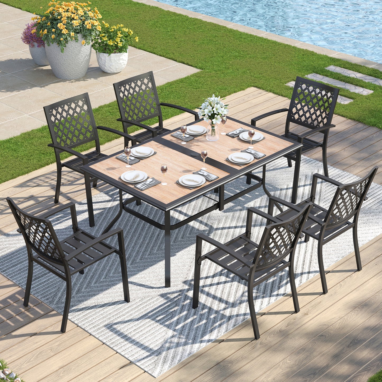 Captiva Designs 7pc Patio Dining Set with Wood-look Rectangle Steel Table & Stylish Back Metal Chairs