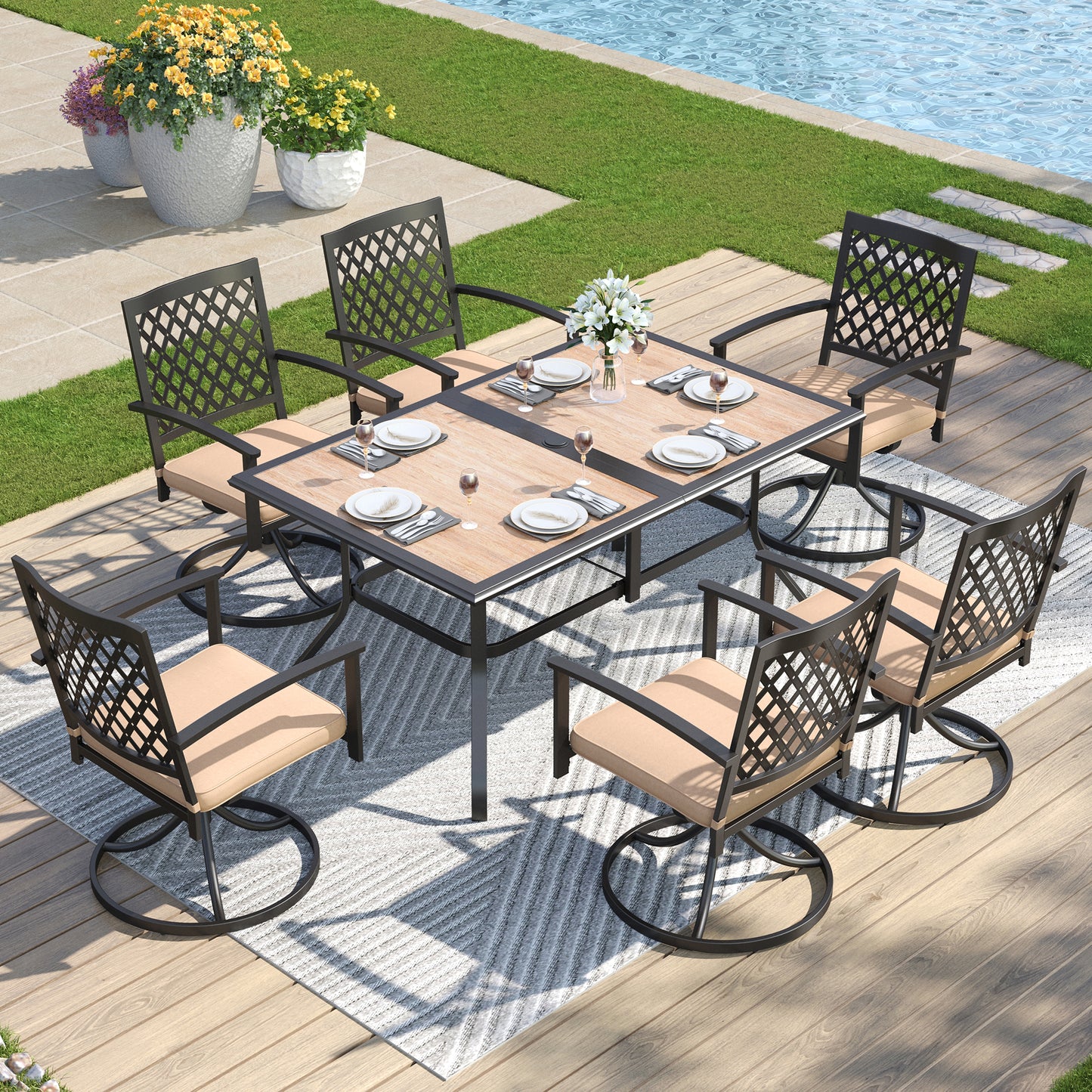 Captiva Designs 7pc Patio Dining Set with Wood-look Rectangle Steel Table & Stylish Back Metal Chairs