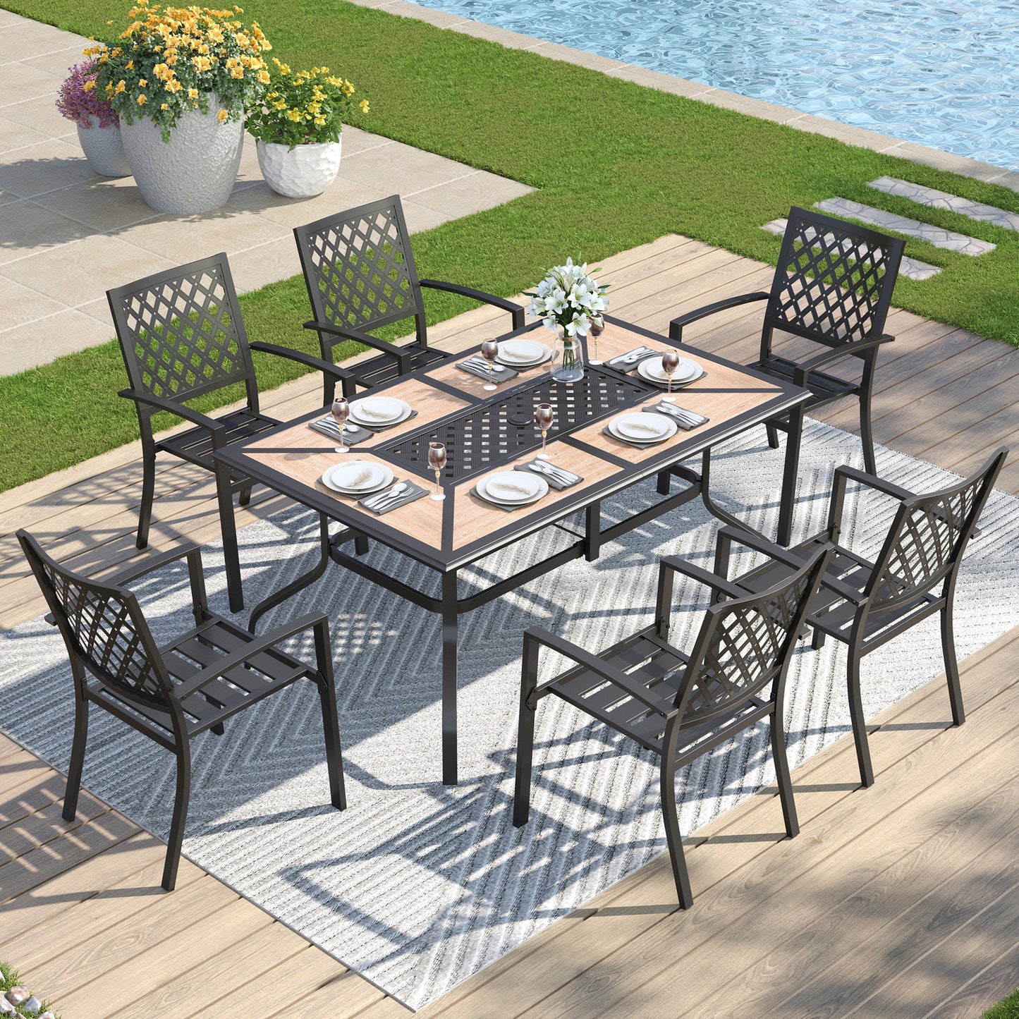 Captiva Designs 7pc Patio Dining Set with Wood-look Rectangle Steel Table & Stylish Back Metal Chairs