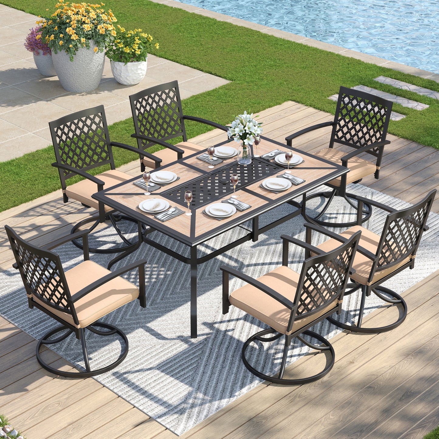 Captiva Designs 7pc Patio Dining Set with Wood-look Rectangle Steel Table & Stylish Back Metal Chairs