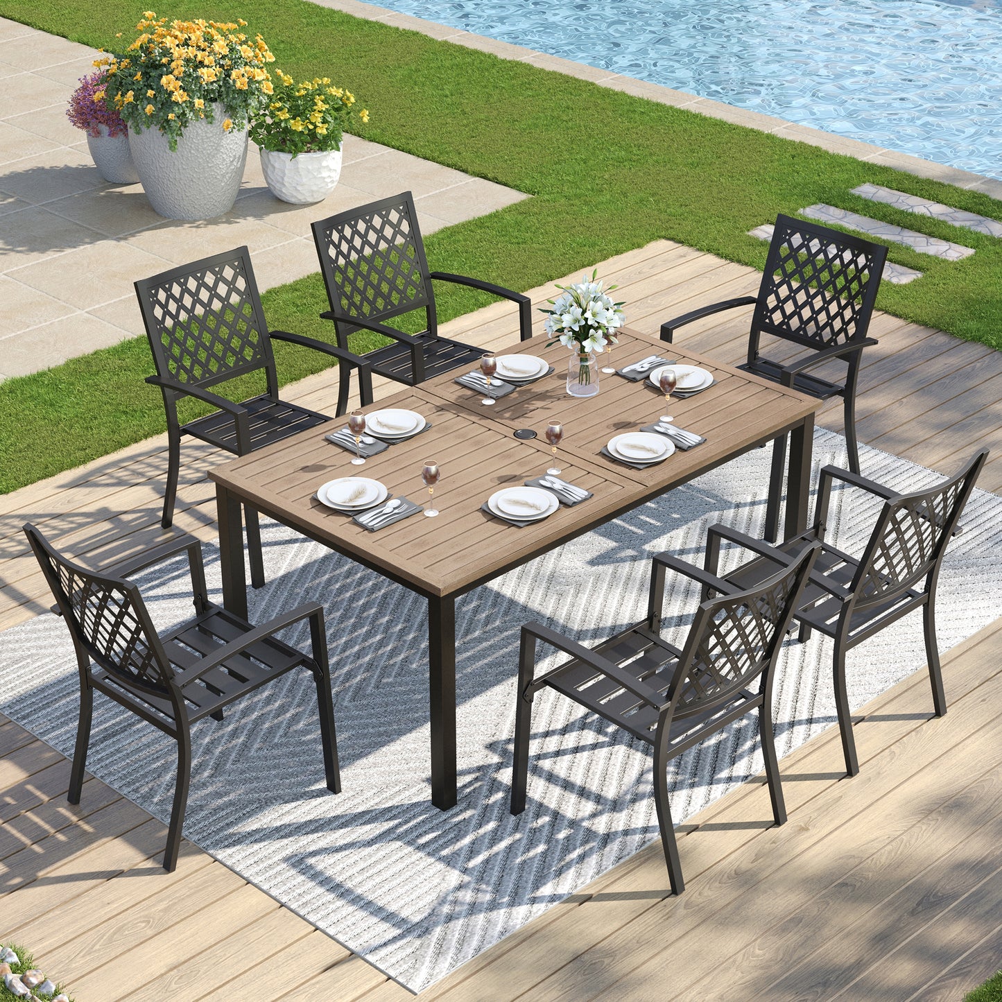 Captiva Designs 7 件套露台餐厅 U 型腿木质长方形桌子和金属可堆叠椅子，带剥离式靠背