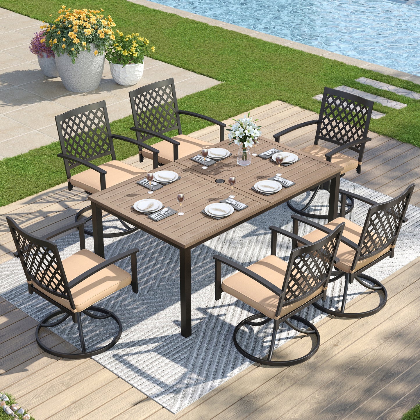Captiva Designs 7pc Patio Dining Driftwood Finished Rectangle Steel Table & Metal Arm Chairs