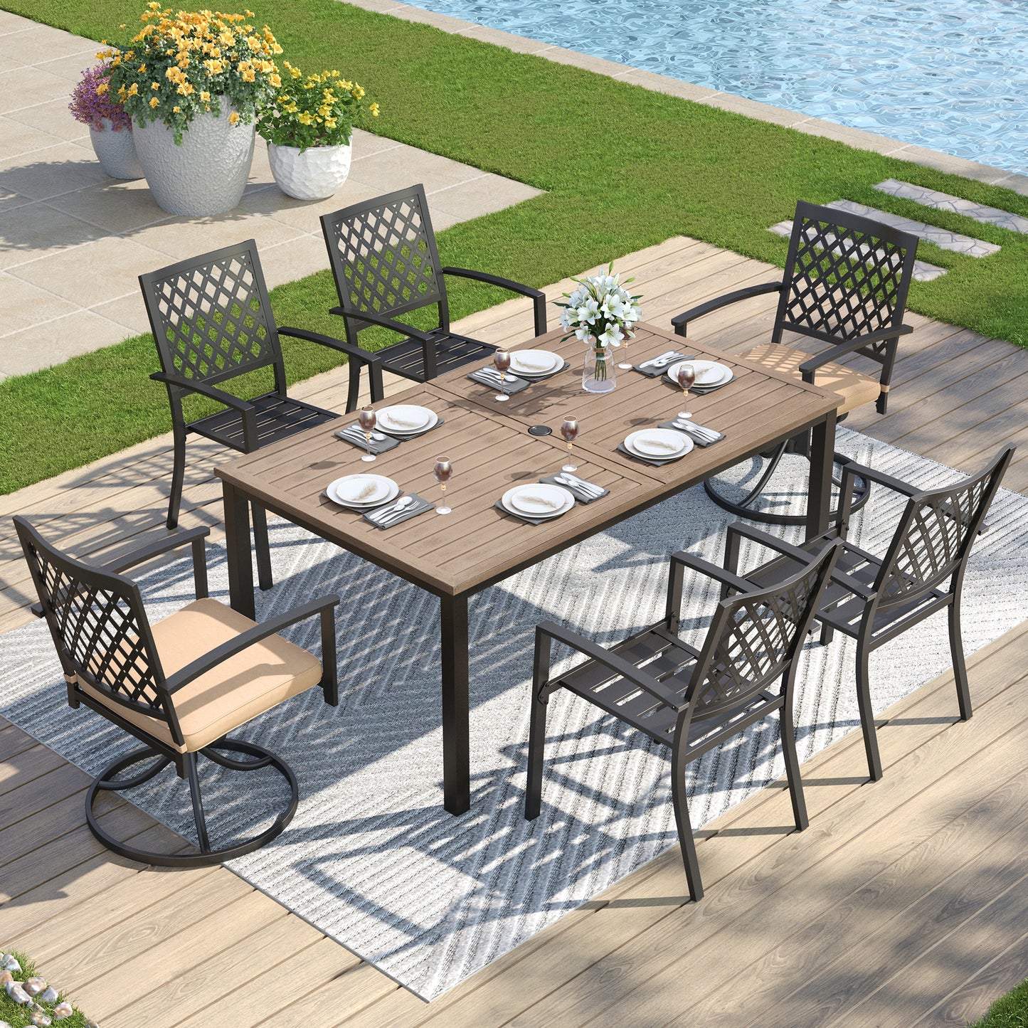 Captiva Designs 7 件套露台餐厅 U 型腿木质长方形桌子和金属可堆叠椅子，带剥离式靠背