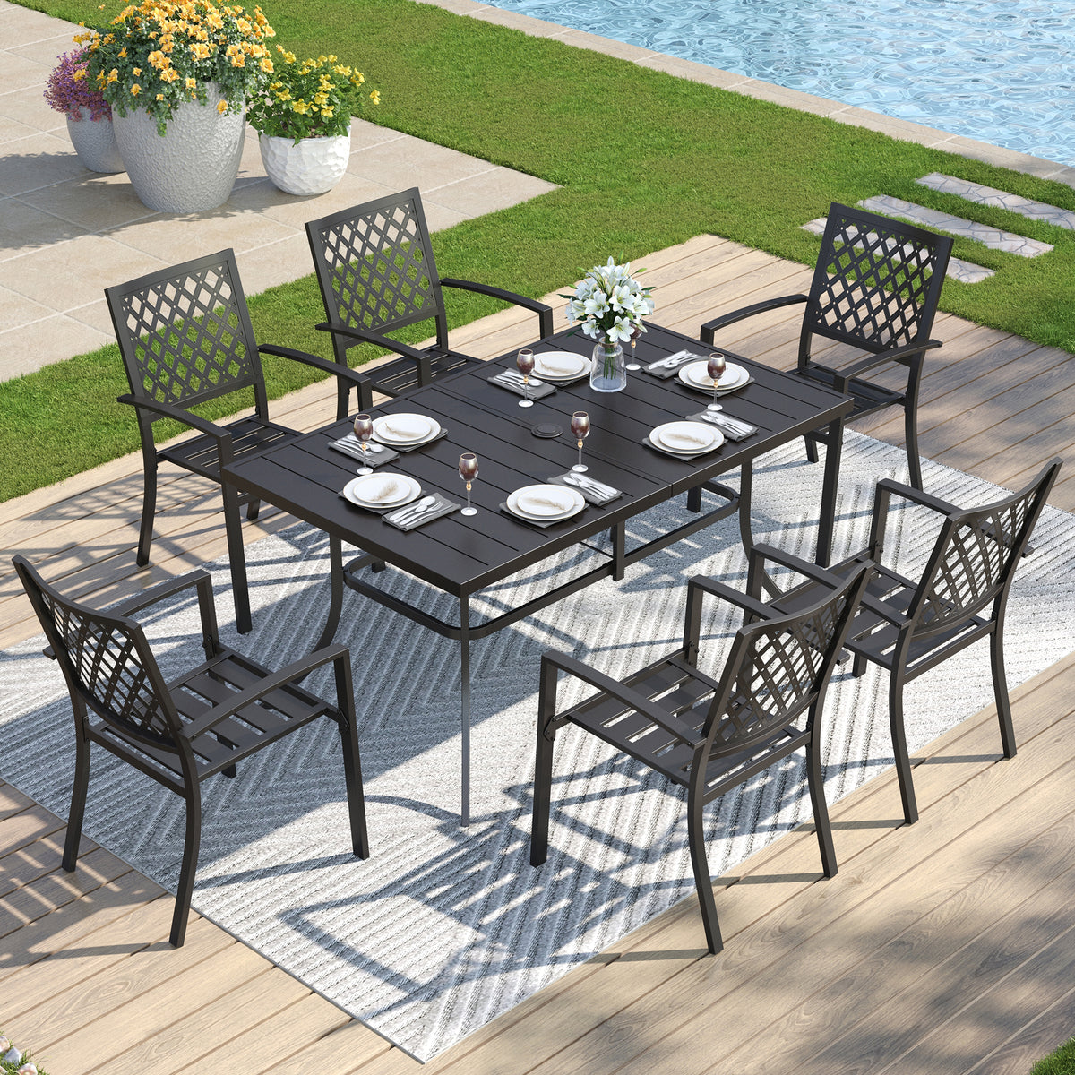 Captiva Designs 7pc Patio Dining Set with Slat-top Rectangle Steel Table & Metal Stackable Chairs