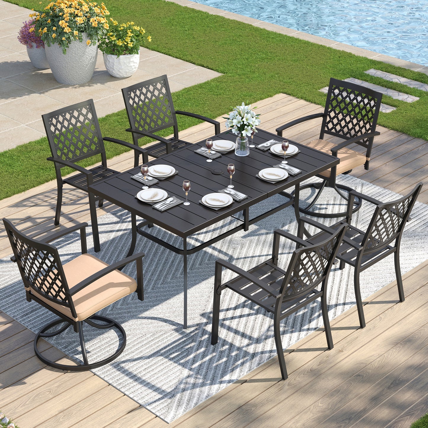 Captiva Designs 7 件套露台餐桌椅套装，配有带顶板的矩形桌子、可叠放的固定椅子和旋转钢椅