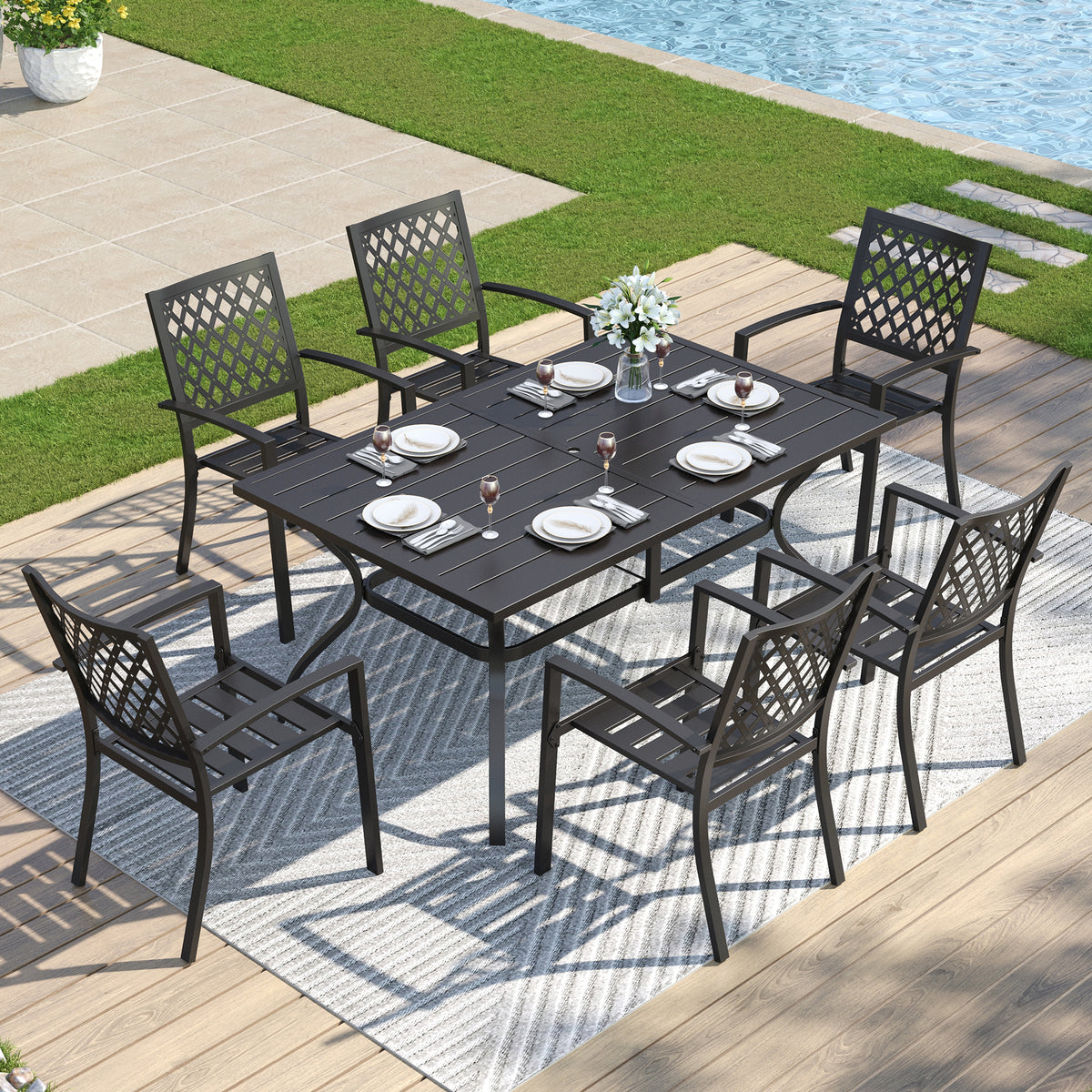Captiva Designs 7pc Patio Dining Set with Slat-top Rectangle Steel Table & Metal Stackable Chairs