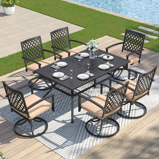 Captiva Designs 7 件套露台餐厅板顶矩形桌子和旋转椅，带靶心图案