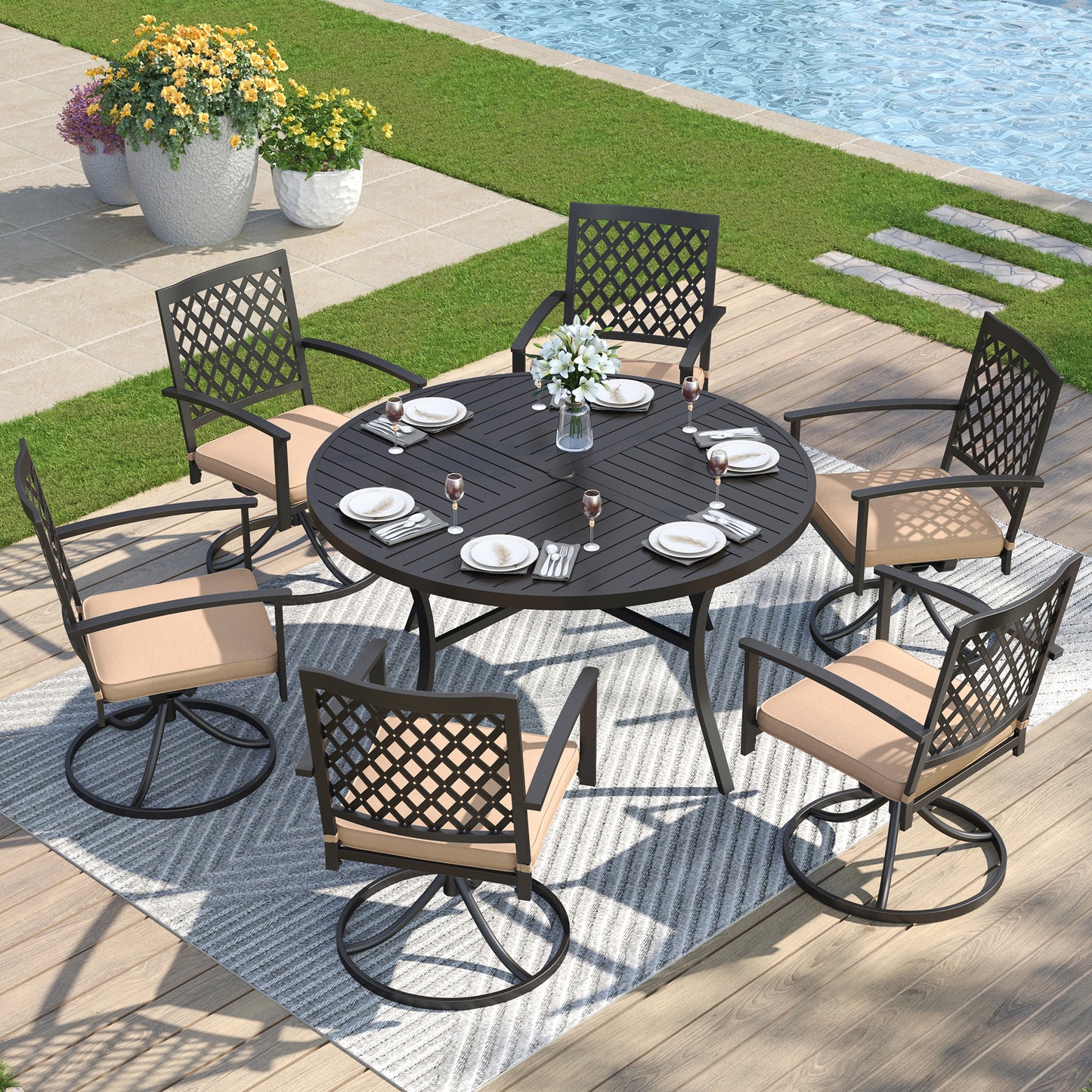 Captiva Designs 7 件套黑色圆形板条钢桌，带伞孔和金属可堆叠椅子