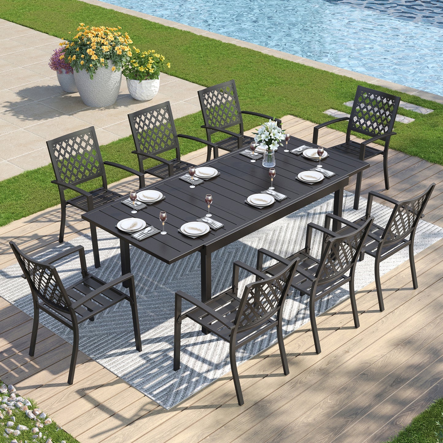 Captiva Designs 9 件套露台板顶可调节钢制矩形桌和金属可叠放椅子，带剥离式靠背