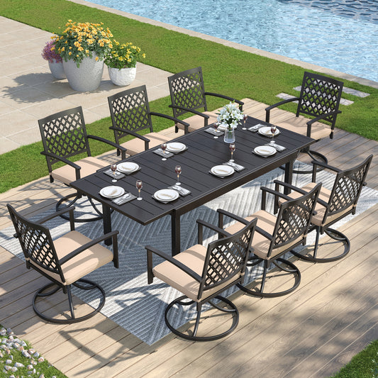Captiva Designs 9pc Patio Slat-top Adjustable Steel Rectangle Dining Table & Black Metal Chairs
