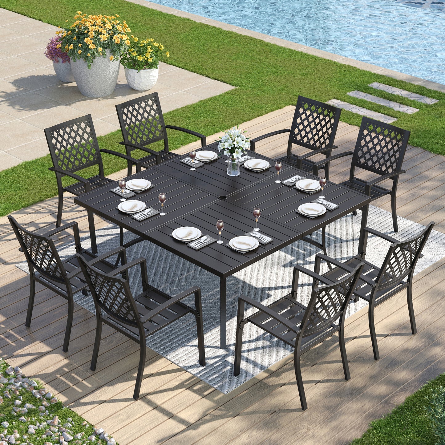 Captiva Designs 9 件套宽敞方形金属板顶桌，带伞孔和金属可叠放椅子，带剥离式靠背