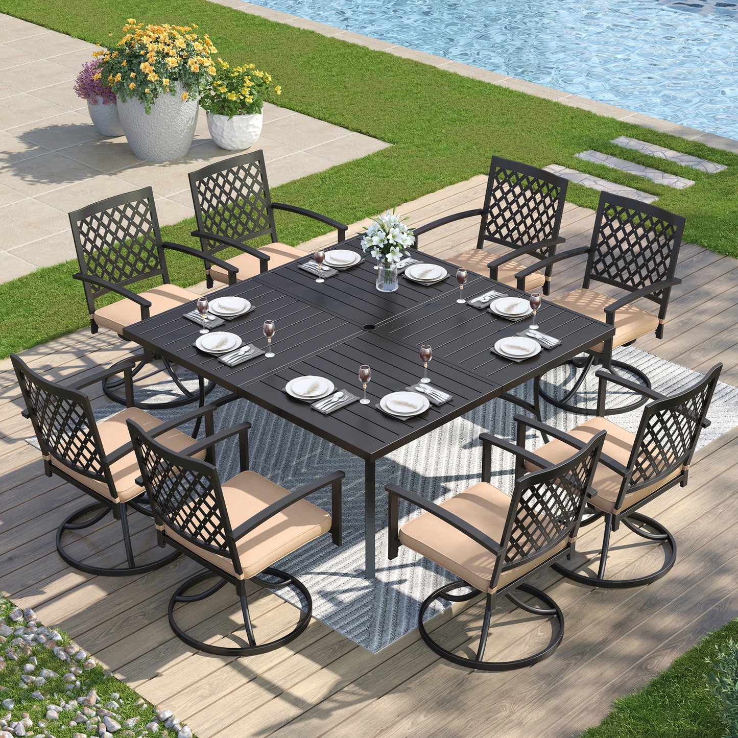 Captiva Designs 9 件套宽敞方形金属板顶桌，带伞孔和带网状靠背的旋转钢椅