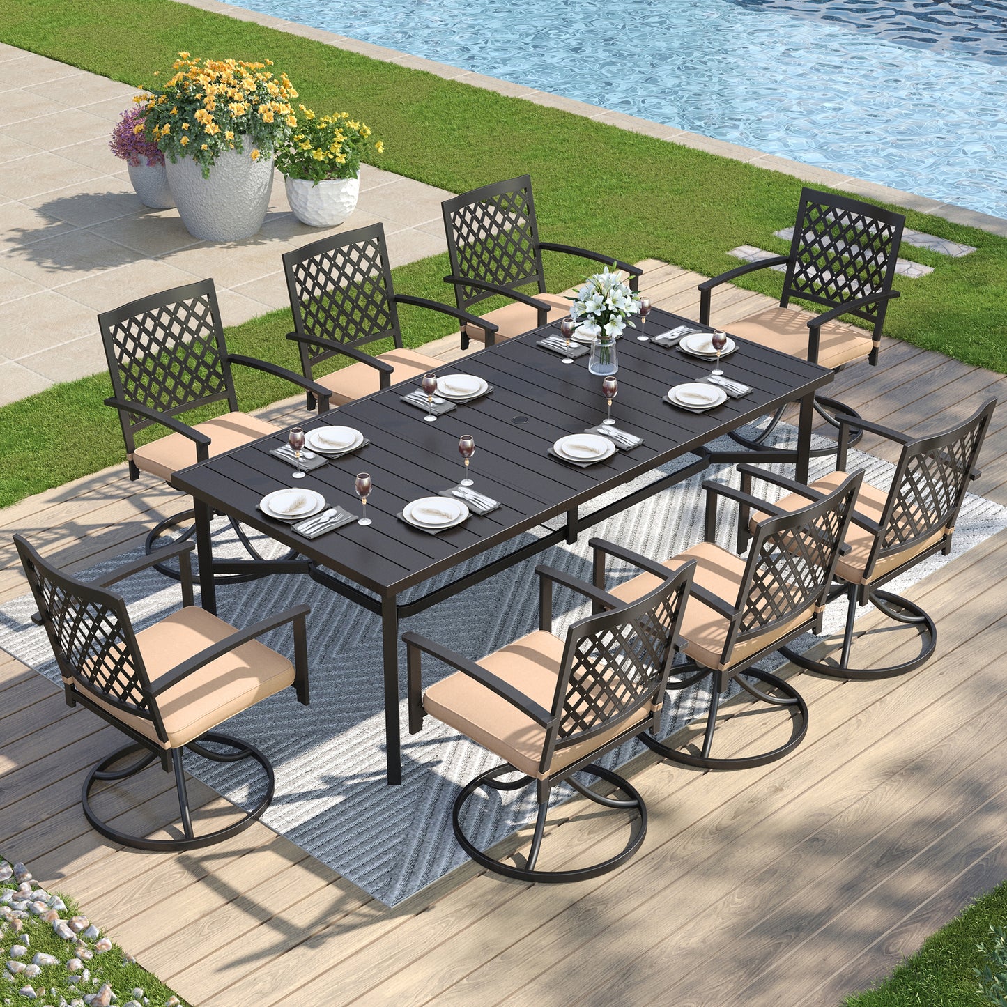 Captiva Designs 9pc Spacious Slat-top Rectangle Metal Table & Steel Stackable Chairs