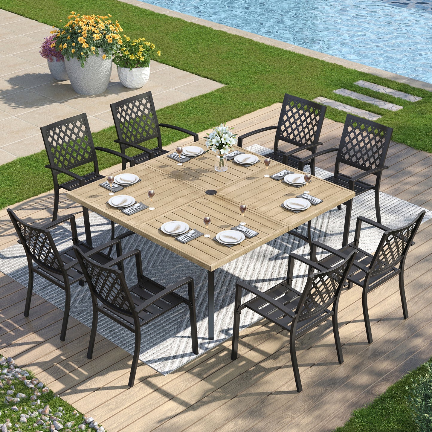 Captiva Designs 9 件套宽敞方形金属板顶桌，带伞孔和金属可叠放椅子，带剥离式靠背