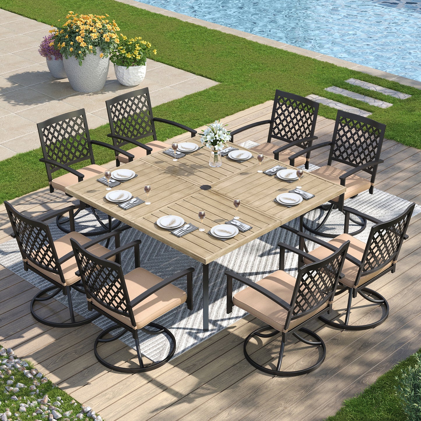 Captiva Designs 9pc Spacious Slat-top Square Metal Table with Umbrella Hole & Swivel Steel Chairs