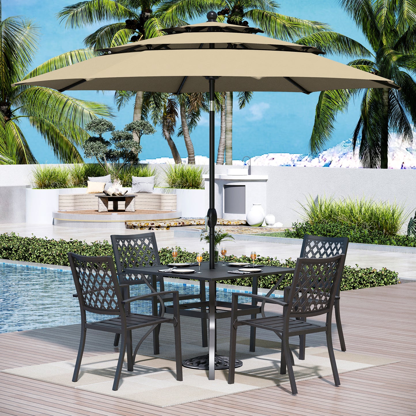 Captiva Designs 6 件套露台板顶方桌和可叠放固定椅子以及海军蓝 10 英尺 3 层自动倾斜遮阳伞