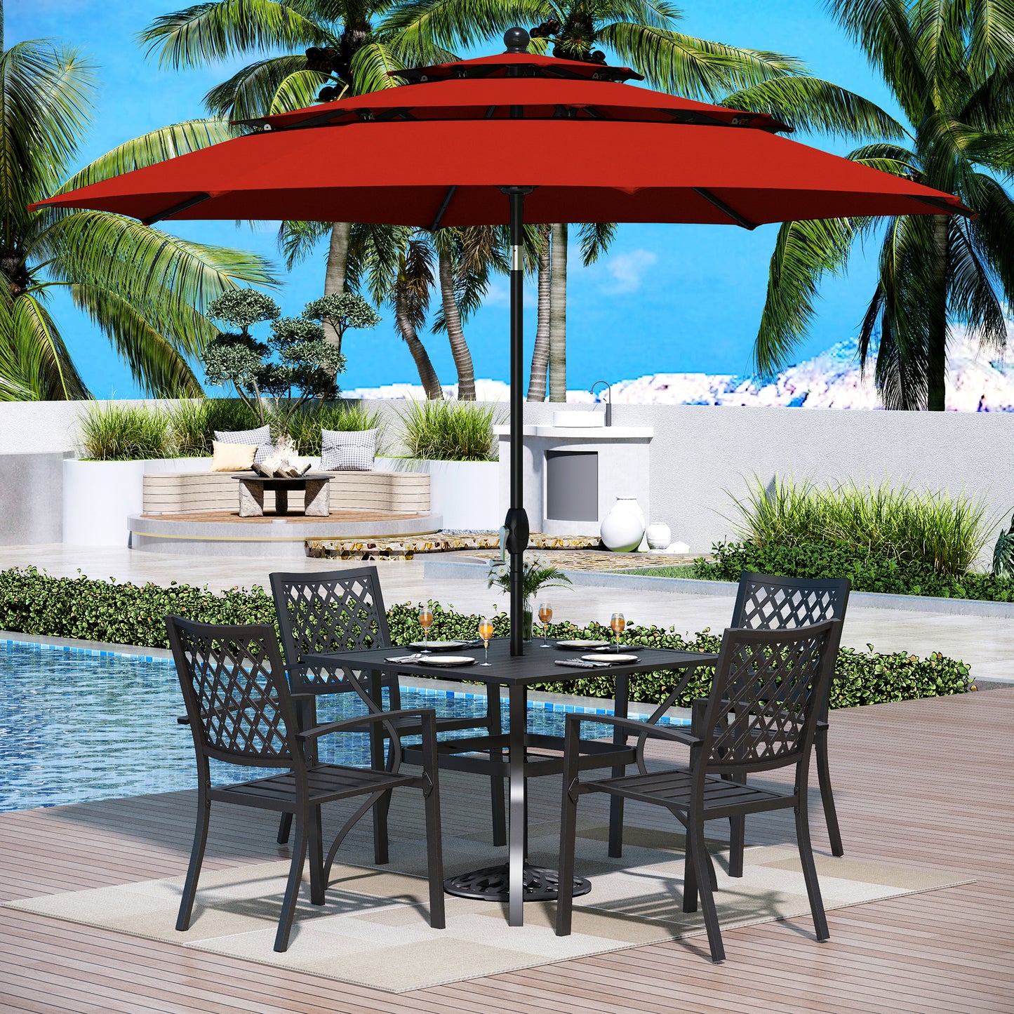 Captiva Designs 6pc Patio Square Dining Table & Stackable Fixed Chairs & 10ft 3 Tier Auto-tilt Umbrella