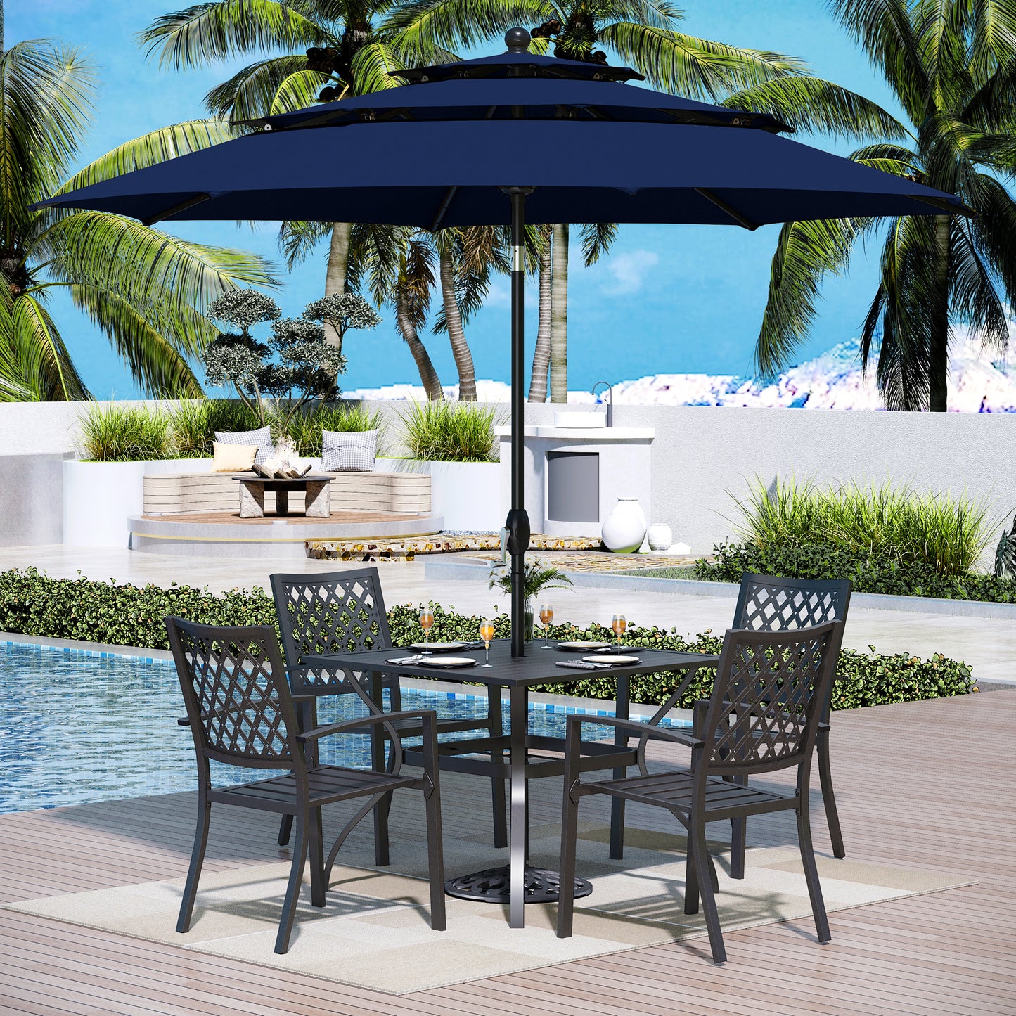 Captiva Designs 6 件套露台板顶方桌和可叠放固定椅子以及海军蓝 10 英尺 3 层自动倾斜遮阳伞