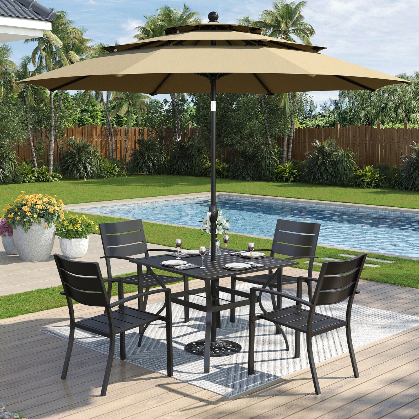 Captiva Designs 6pc Patio Slat-top Dining Steel Table & Metal Chairs with Stripe Back & Market Umbrella