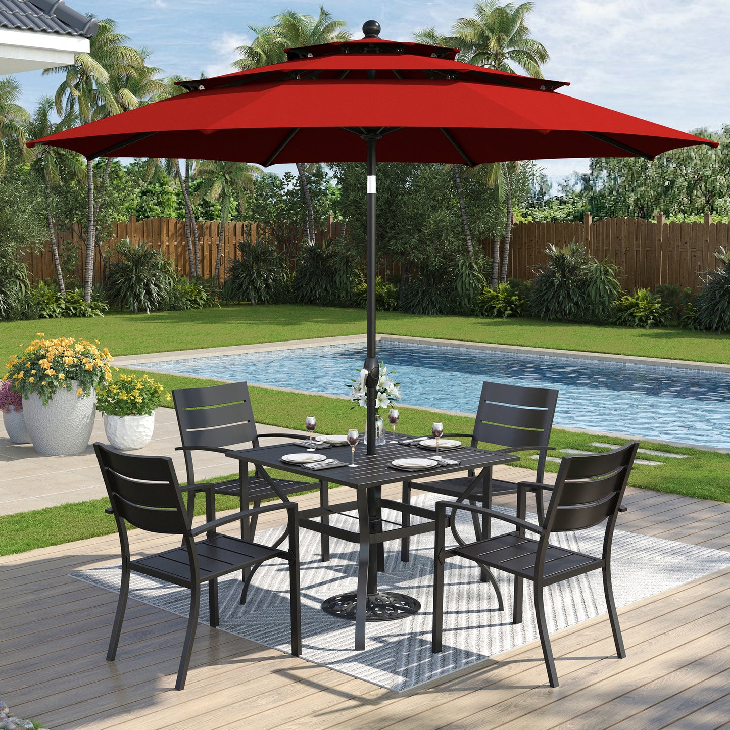 Captiva Designs 6pc Patio Slat-top Dining Steel Table & Metal Chairs with Stripe Back & Market Umbrella