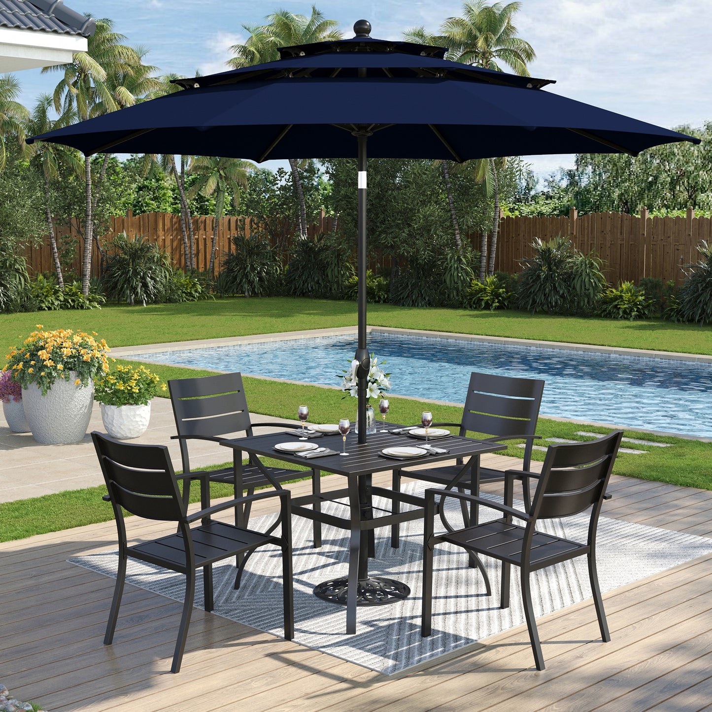 Captiva Designs 6pc Patio Slat-top Dining Steel Table & Metal Chairs with Stripe Back & Market Umbrella
