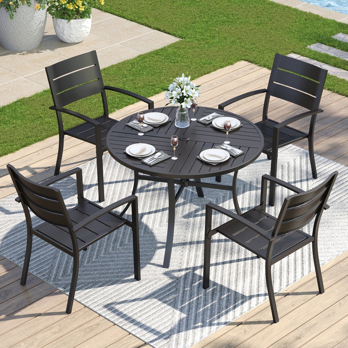 Captiva Designs 5pc Outdoor Patio Steel Dining Table & Metal Chairs with Stripe Back