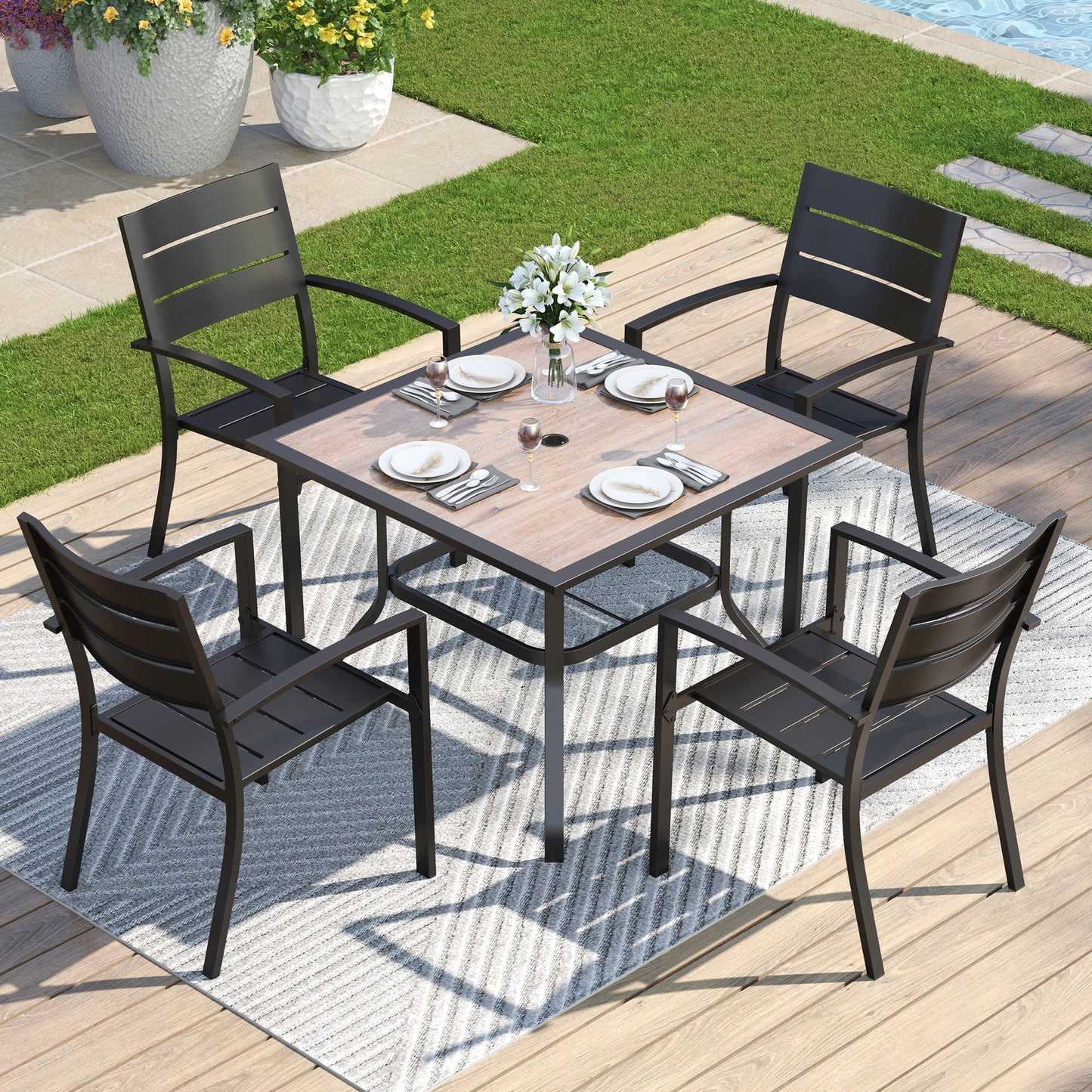 Captiva Designs 5pc Outdoor Patio Steel Dining Table & Metal Chairs with Stripe Back