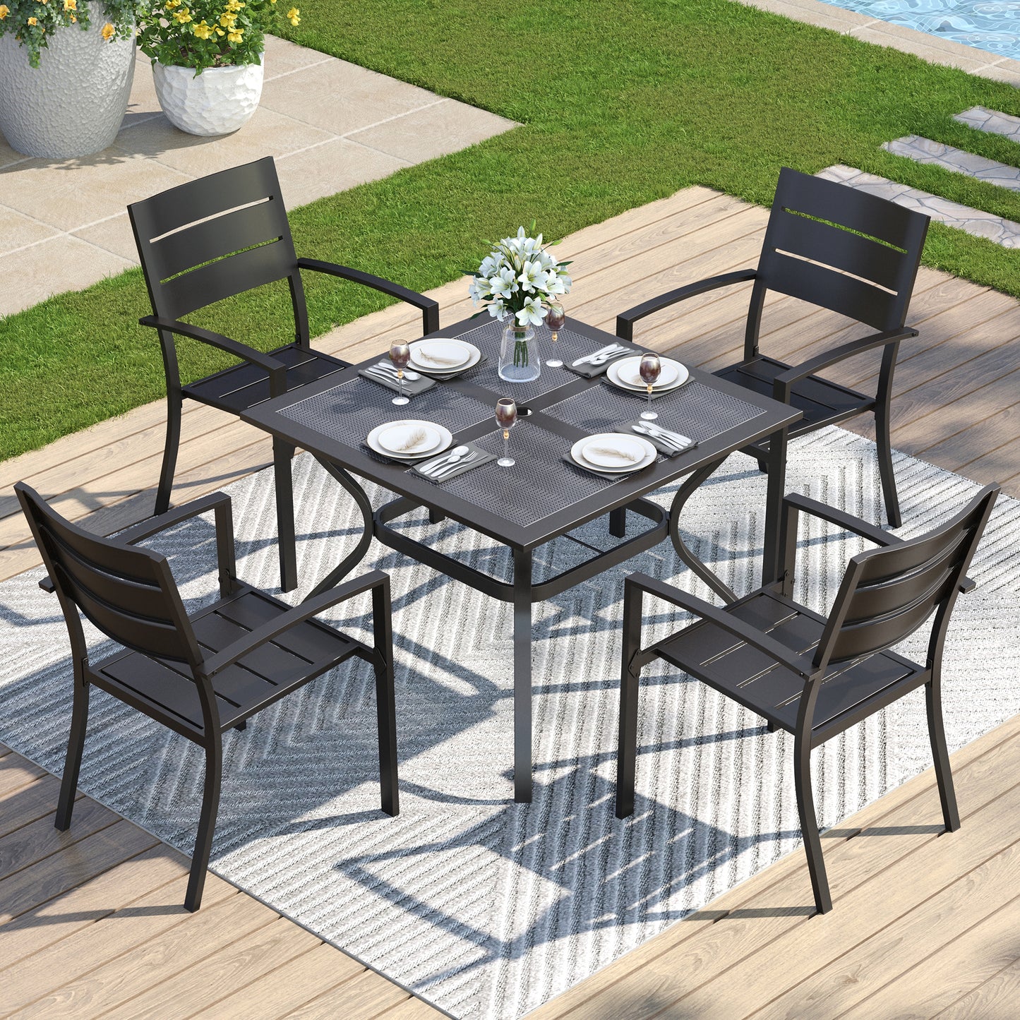 Captiva Designs 5pc Outdoor Patio Steel Dining Table & Metal Chairs with Stripe Back
