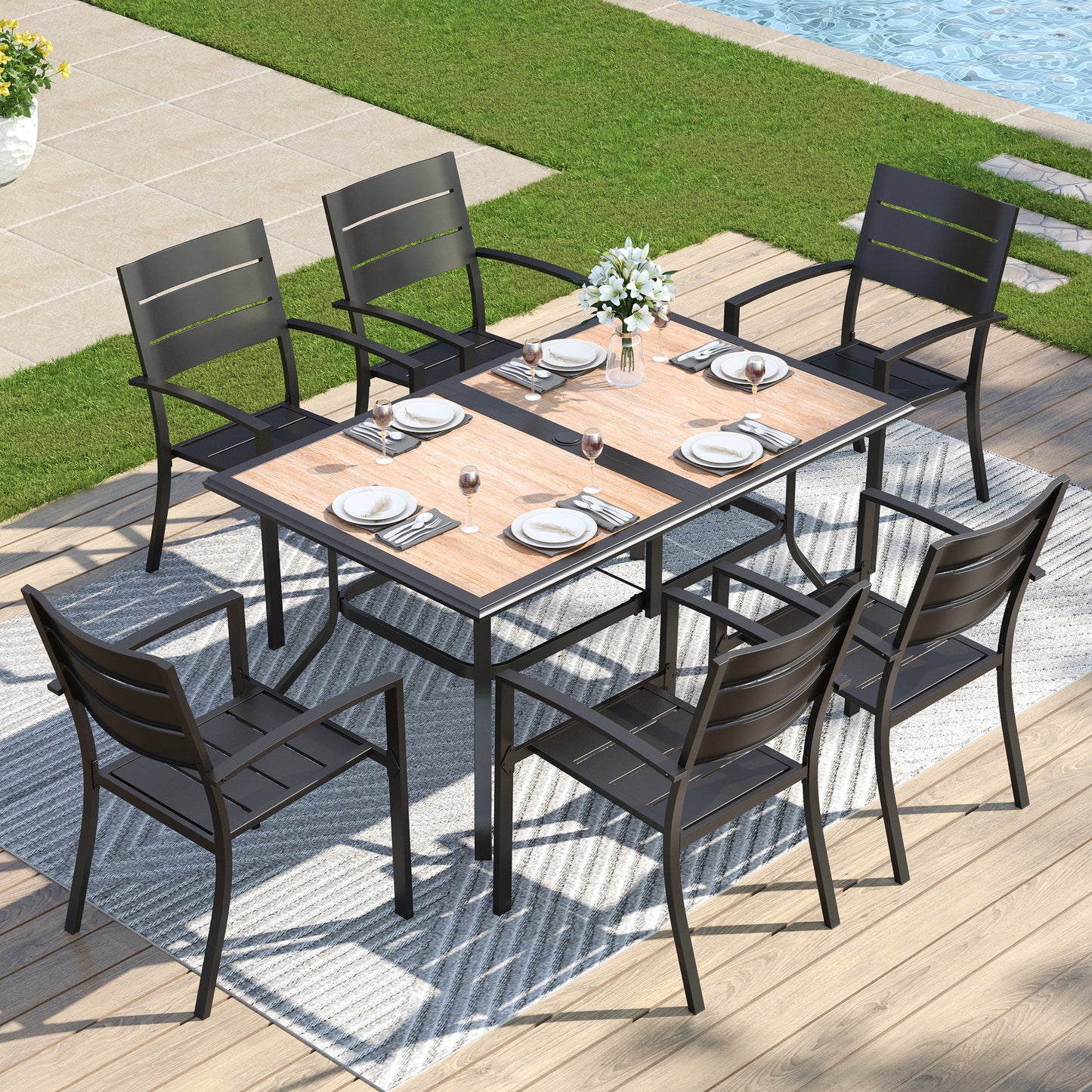 Captiva Designs 7pc Outdoor Patio Dining Set with Steel Table & Metal Chairs with Stripe Back