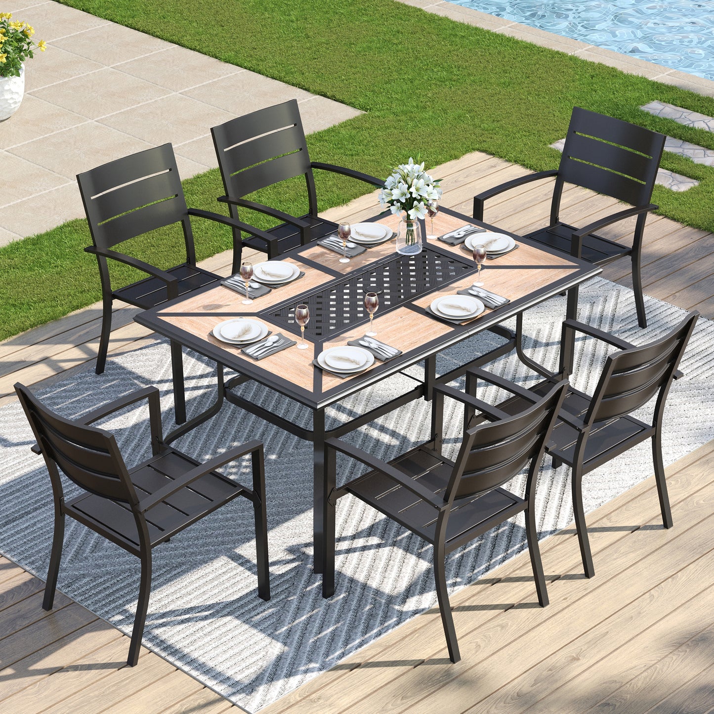 Captiva Designs 7pc Outdoor Patio Dining Set with Steel Table & Metal Chairs with Stripe Back