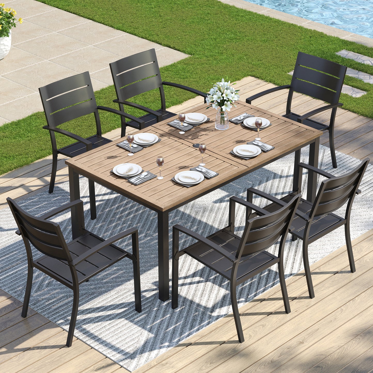Captiva Designs 7pc Outdoor Patio Dining Set with Steel Table & Metal Chairs with Stripe Back
