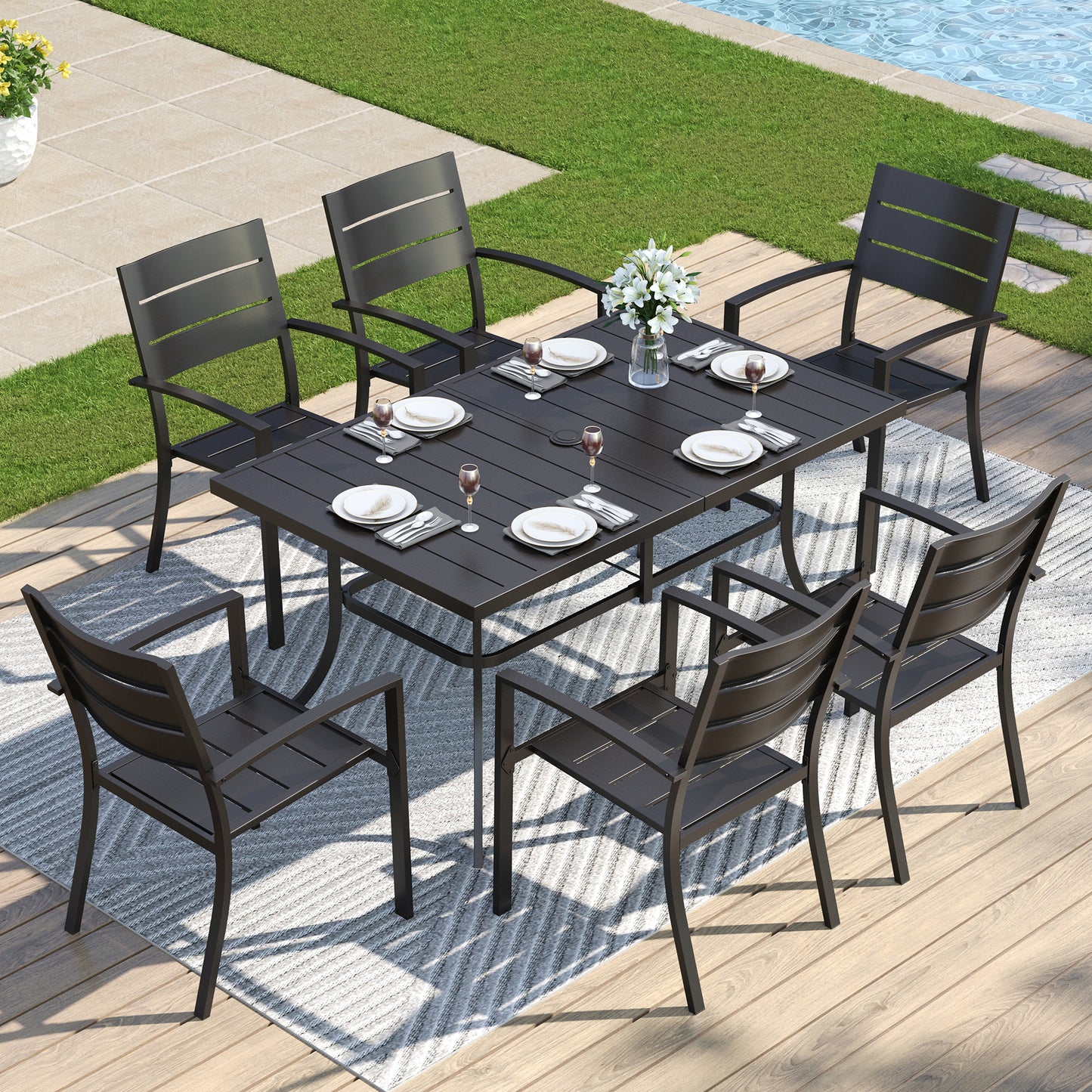 Captiva Designs 7pc Outdoor Patio Dining Set with Steel Table & Metal Chairs with Stripe Back