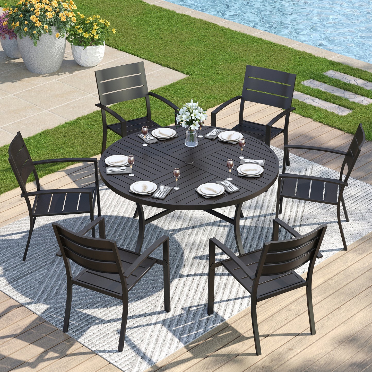 Captiva Designs 7pc Outdoor Patio Dining Set with Steel Table & Metal Chairs with Stripe Back