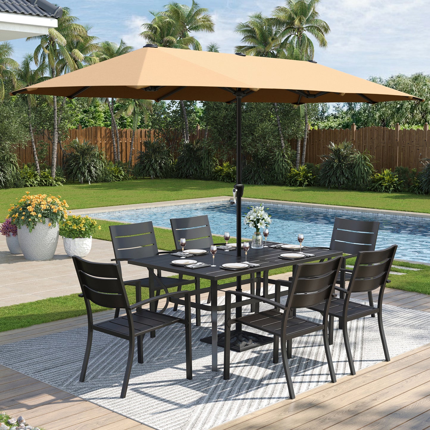Captiva Designs 8pc Patio Slat-top Dining Steel Table & Metal Chairs with Stripe Back & Market Umbrella