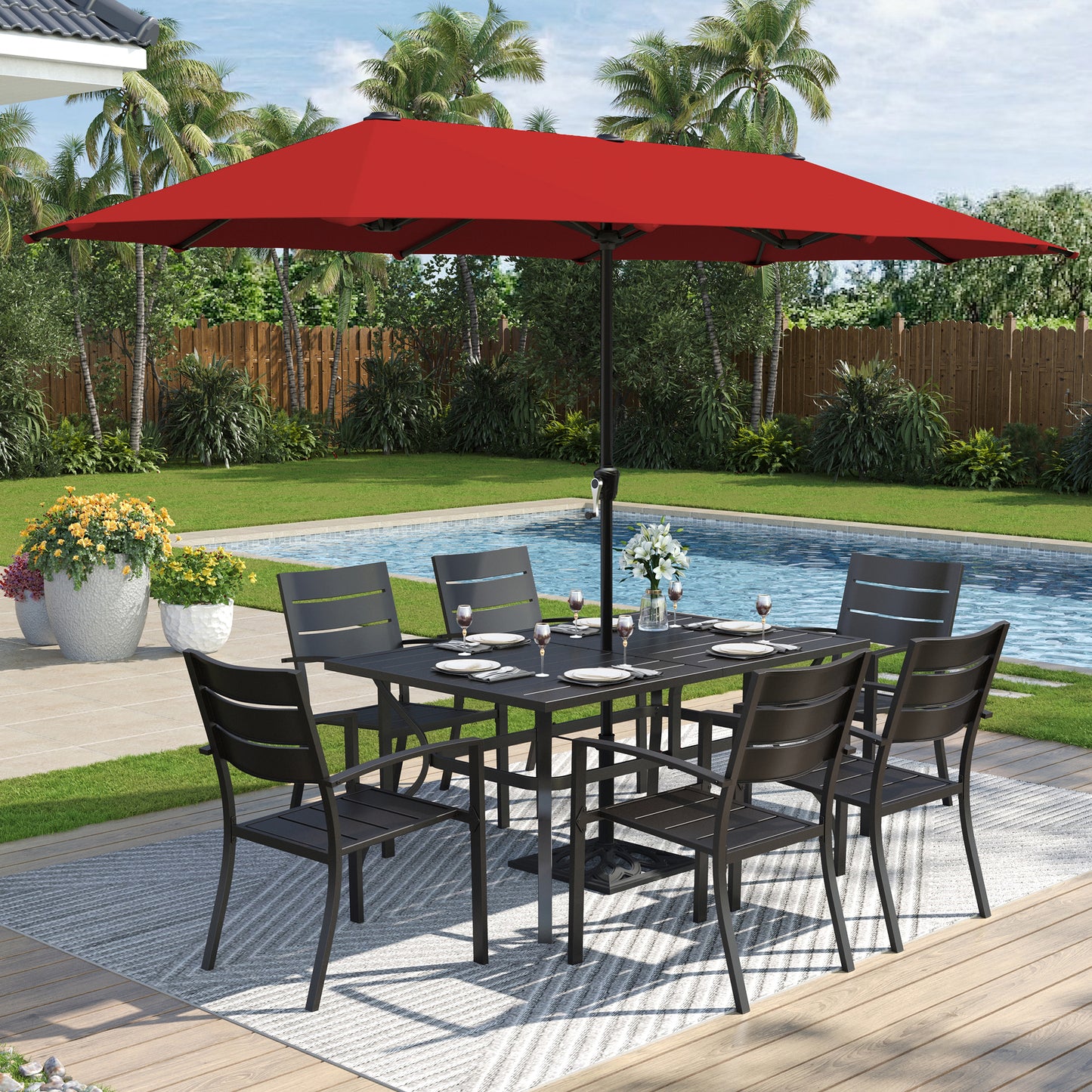 Captiva Designs 8pc Patio Slat-top Dining Steel Table & Metal Chairs with Stripe Back & Market Umbrella