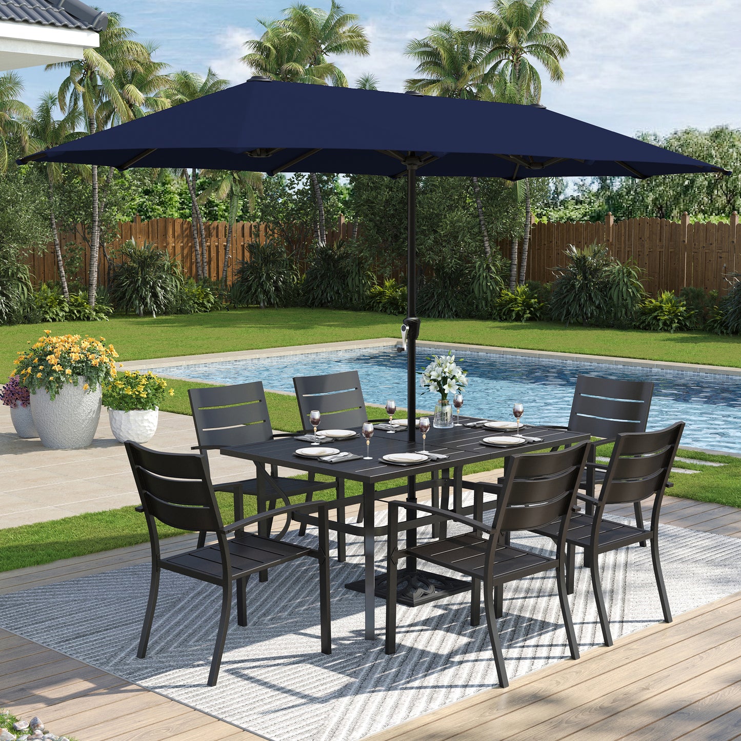 Captiva Designs 8pc Patio Slat-top Dining Steel Table & Metal Chairs with Stripe Back & Market Umbrella