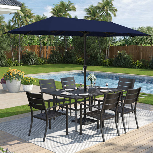 Captiva Designs 8pc Patio Slat-top Dining Steel Table & Metal Chairs with Stripe Back & Market Umbrella
