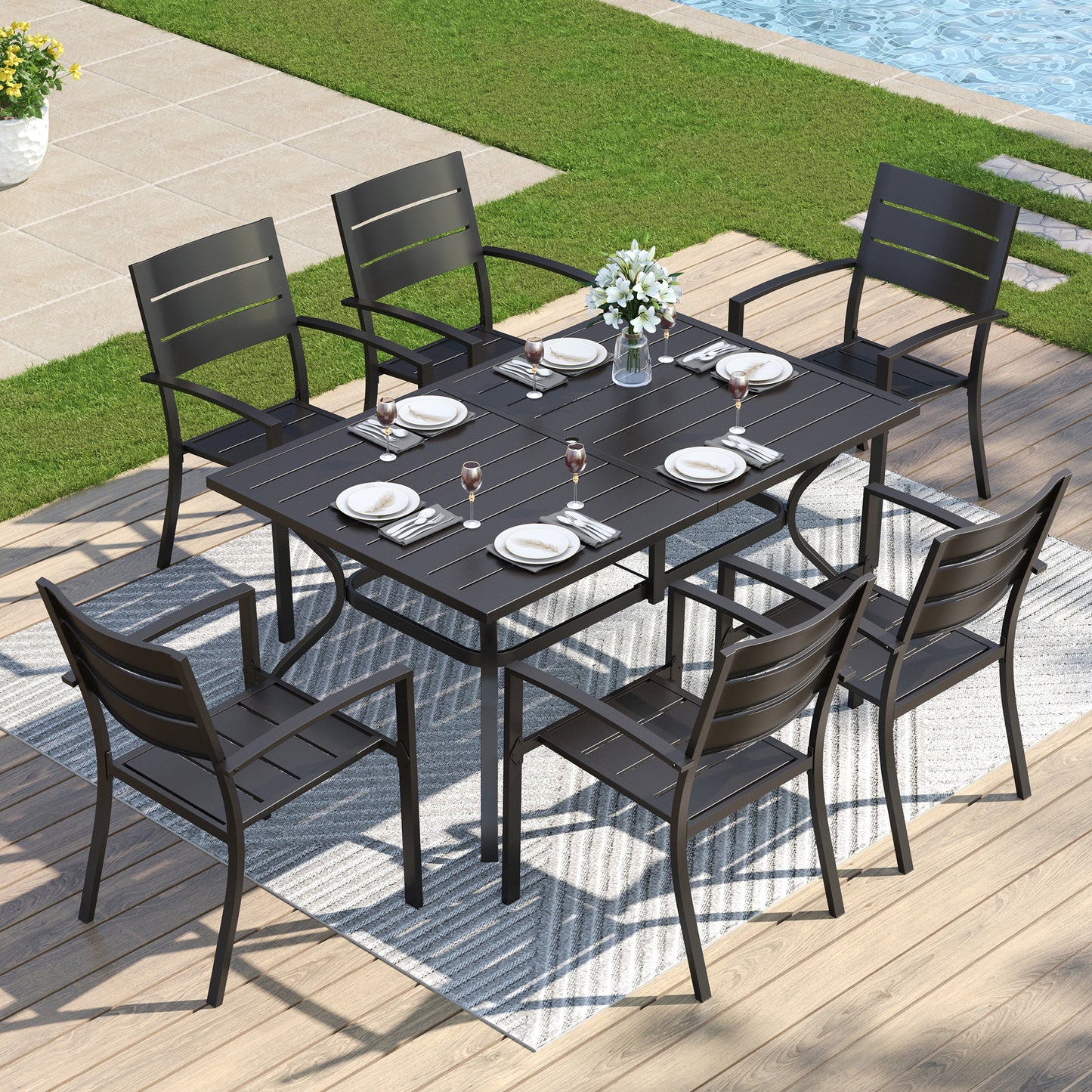Captiva Designs 7pc Outdoor Patio Dining Set with Steel Table & Metal Chairs with Stripe Back