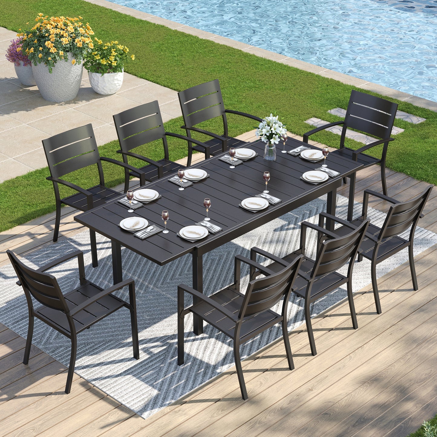 Captiva Designs 9pc Patio Slat-top Metal Dining Table & Metal Chairs with Stripe Back