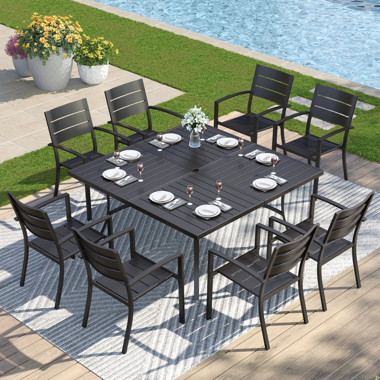 Captiva Designs 9pc Patio Slat-top Metal Dining Table & Metal Chairs with Stripe Back