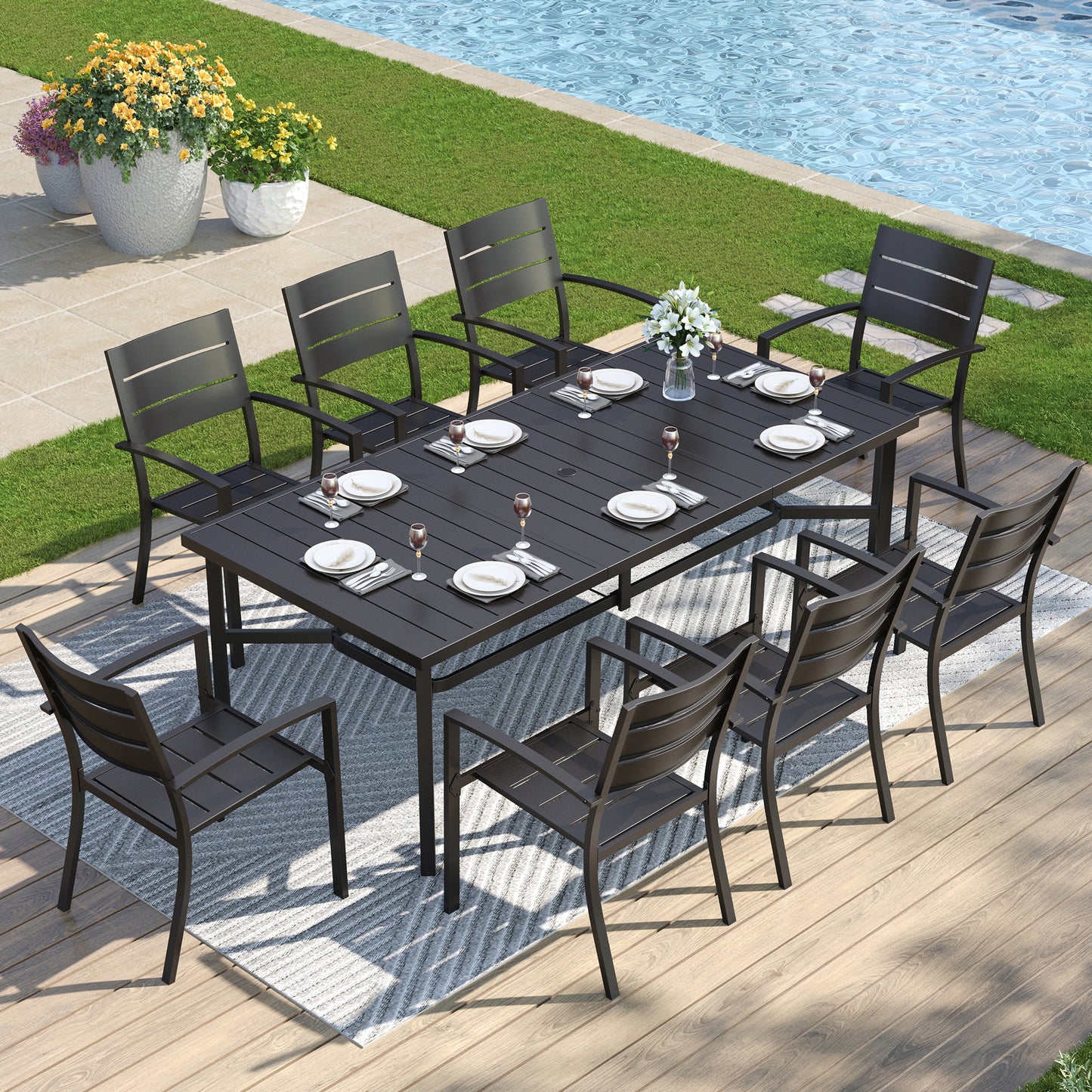 Captiva Designs 9pc Patio Slat-top Metal Dining Table & Metal Chairs with Stripe Back