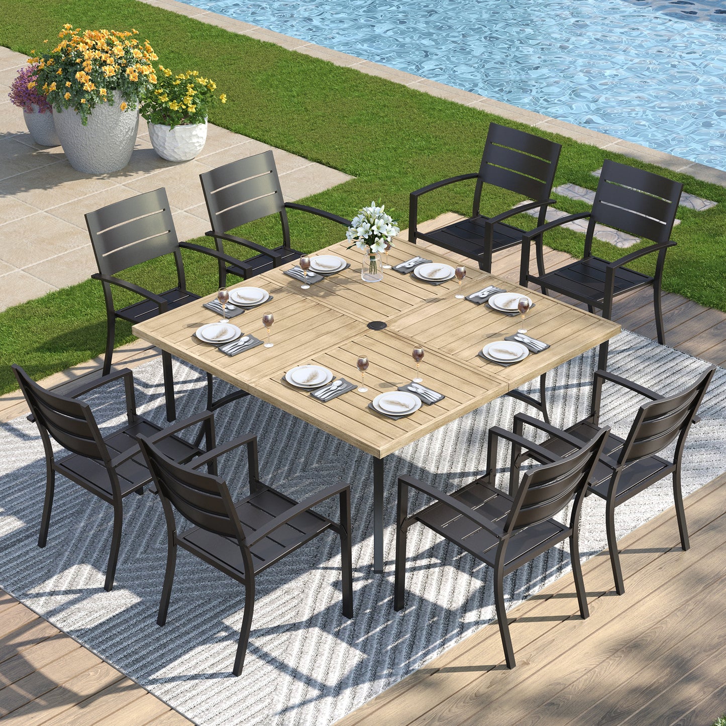 Captiva Designs 9pc Patio Slat-top Metal Dining Table & Metal Chairs with Stripe Back