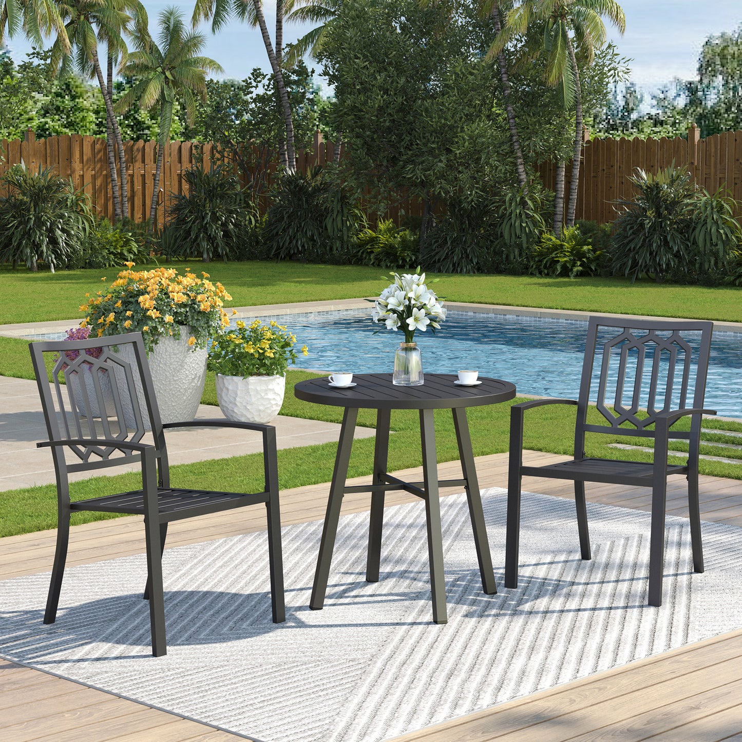 Captiva Designs 3pc Outdoor Patio Slatted Tabletop Round Dining Table & Metal Chairs