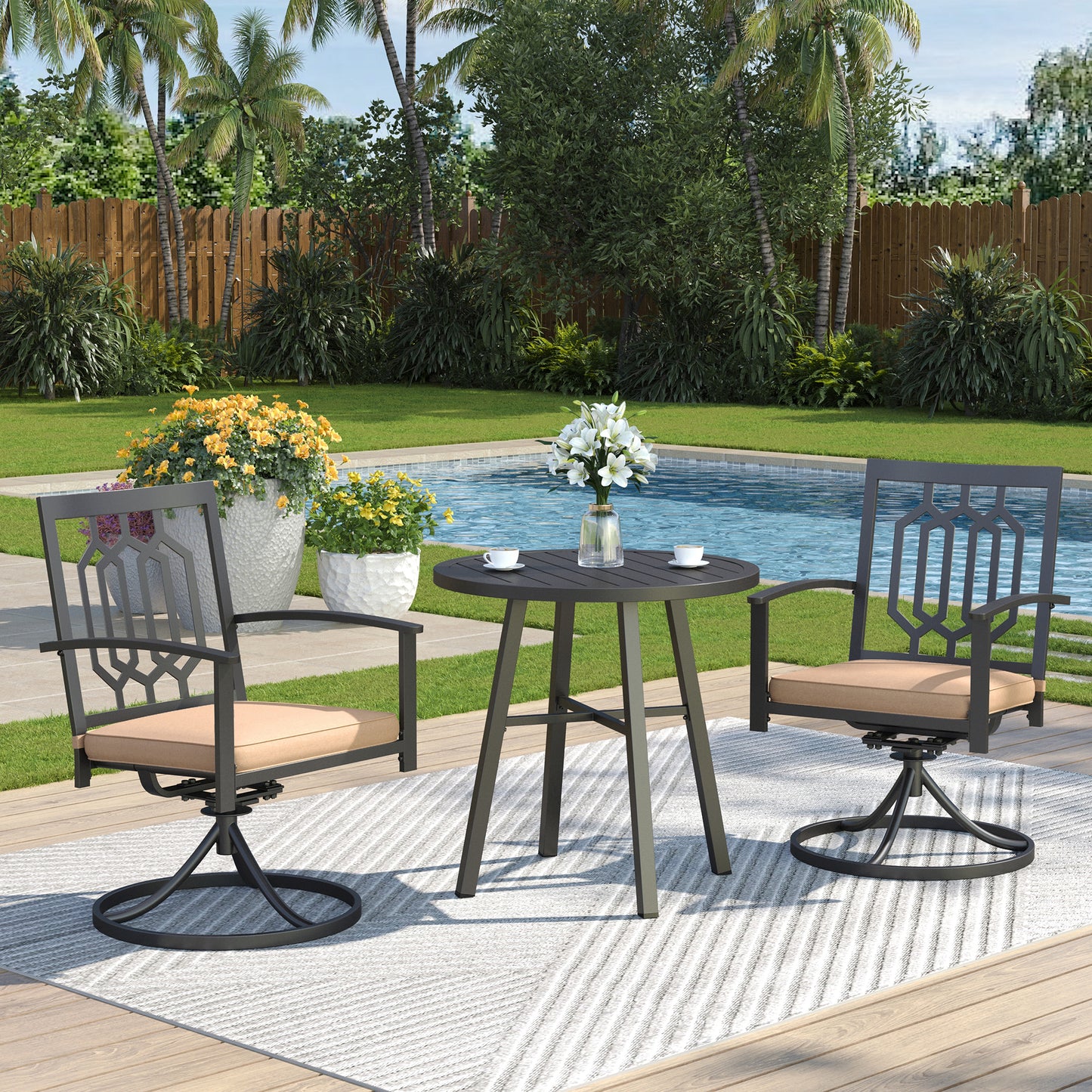Captiva Designs 3pc Outdoor Patio Slatted Tabletop Round Dining Table & Metal Chairs