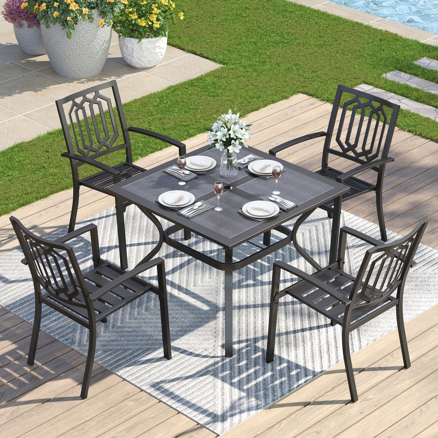 Captiva Designs 5pc Outdoor Patio Dining Set with Mesh Top Square Steel Table and Metal Chairs