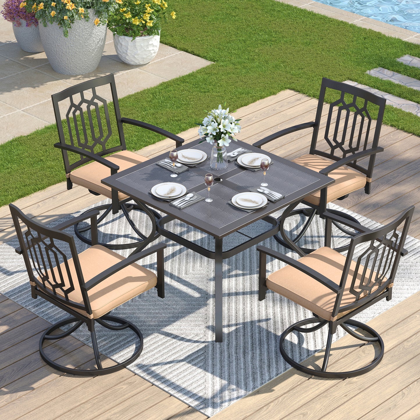 Captiva Designs 5pc Outdoor Patio Dining Set with Mesh Top Square Steel Table and Metal Chairs