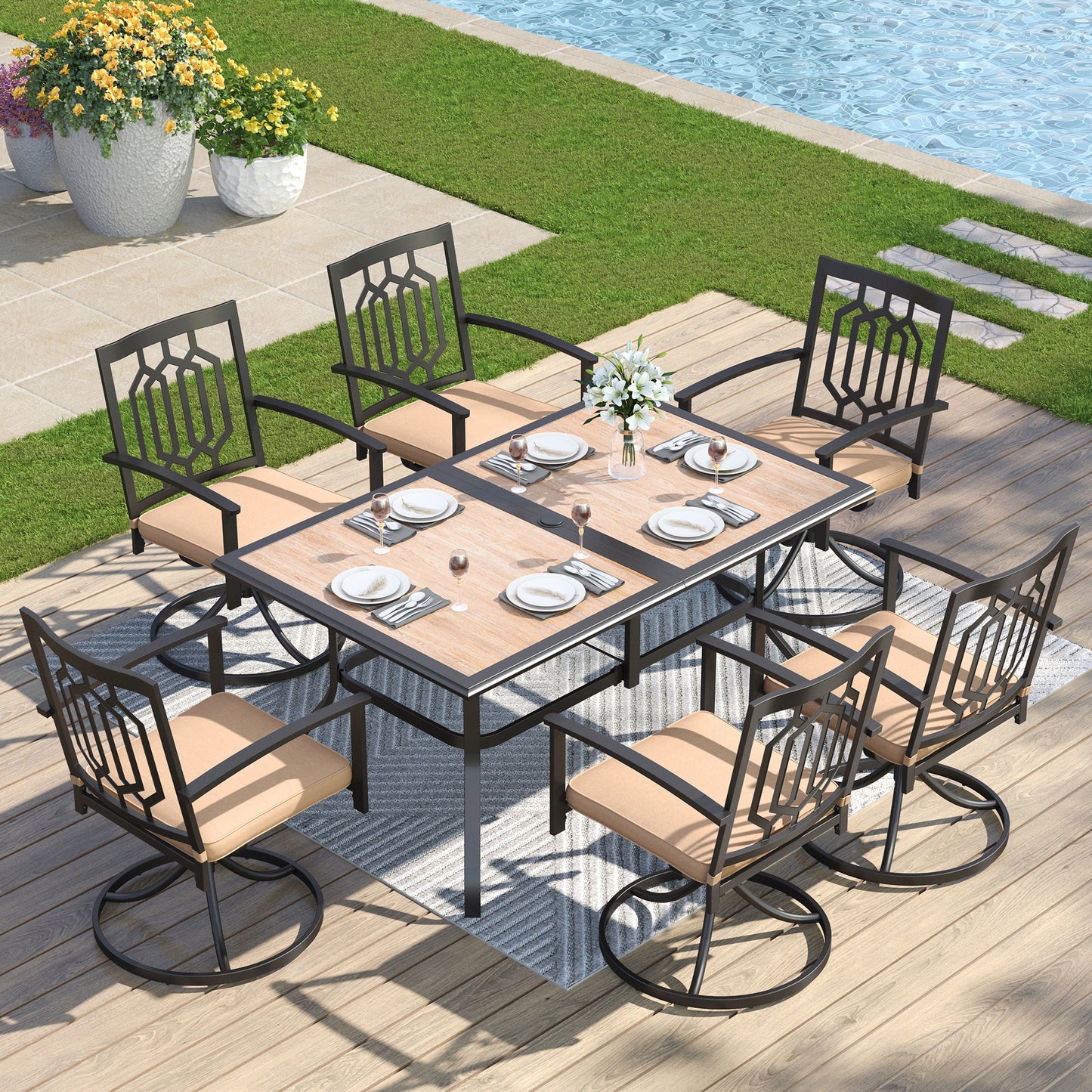 Captiva Designs 7pc Patio Dining Set with Wood-look Rectangle Steel Table & Stylish Back Metal Chairs
