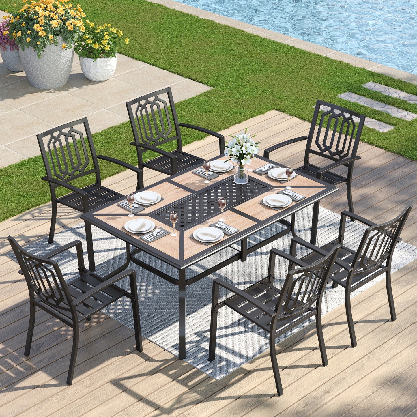 Captiva Designs 7pc Patio Dining Set with Wood-look Rectangle Steel Table & Stylish Back Metal Chairs