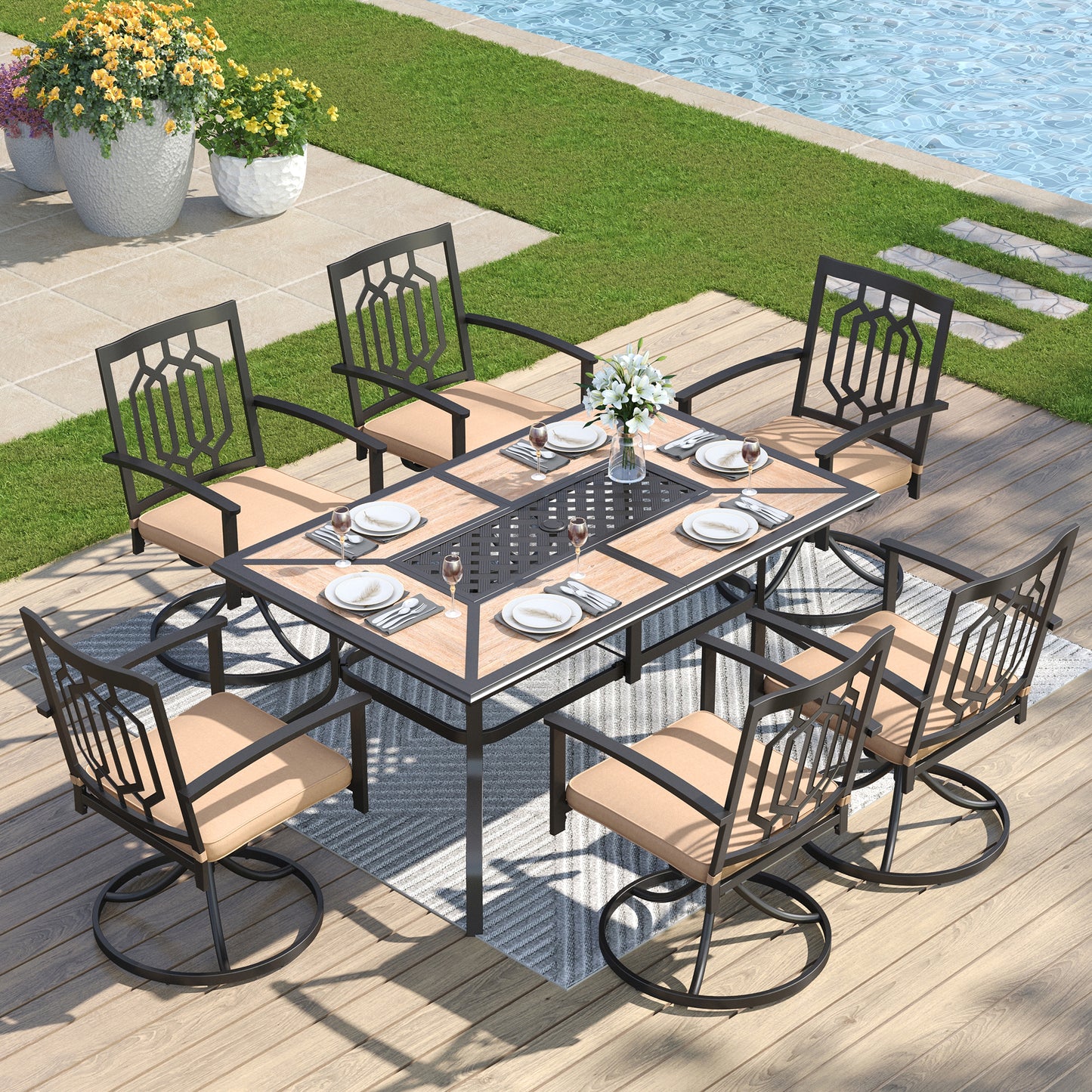 Captiva Designs 7pc Patio Dining Set with Wood-look Rectangle Steel Table & Stylish Back Metal Chairs